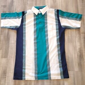 VTG TropiCool Shirt Mens Med Reg Blue Striped Golf Polo Hipster Retro Y2k